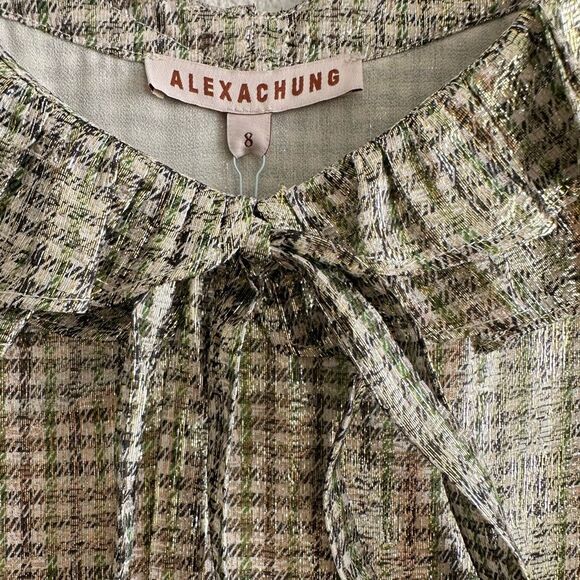 NWT ALEXACHUNG Metallic Lurex Silver Puff Sleeve Dress - Picture 9 of 9